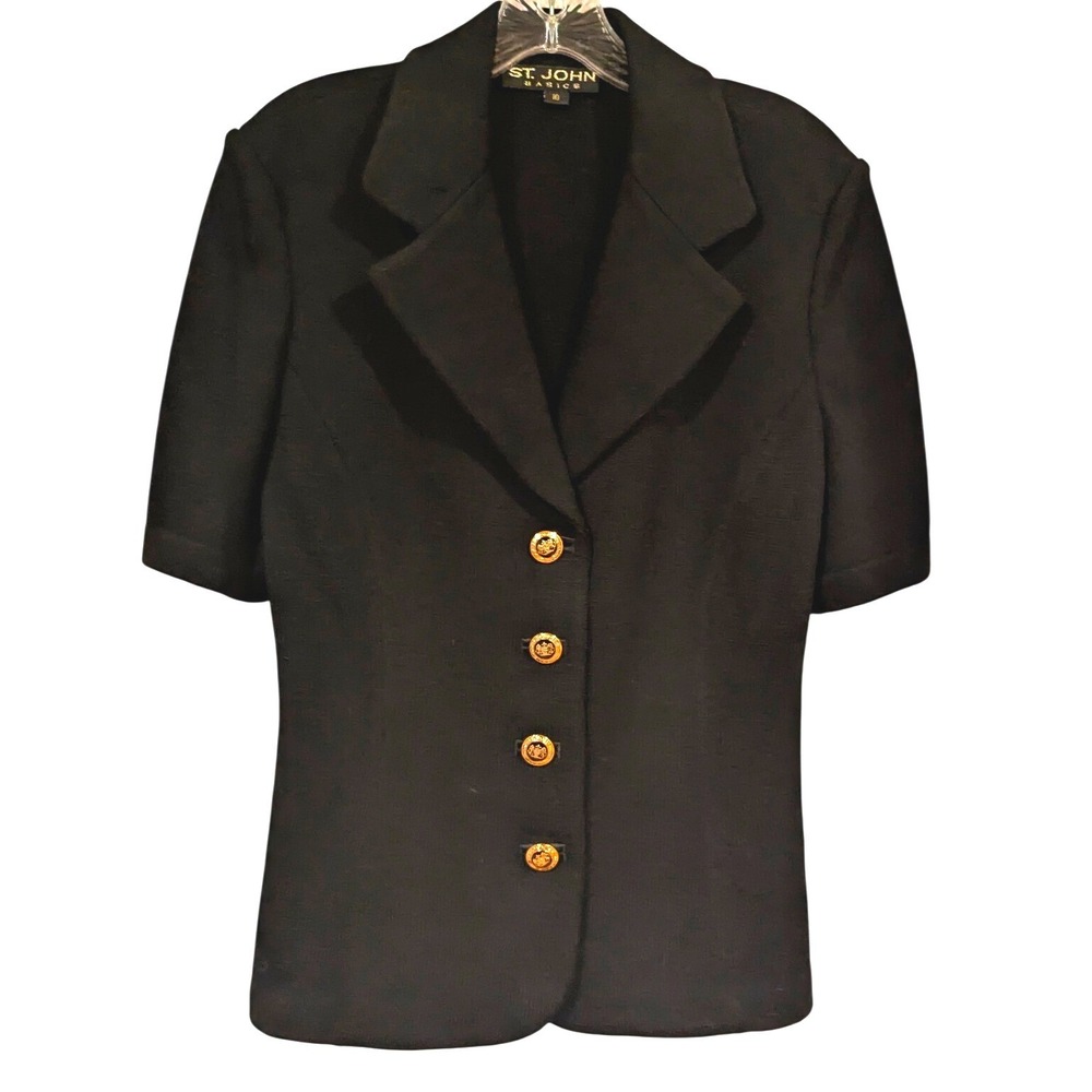 St John Basics Womens Black Short Sleeve Knit Blazer Gold Crest Buttons Size 10